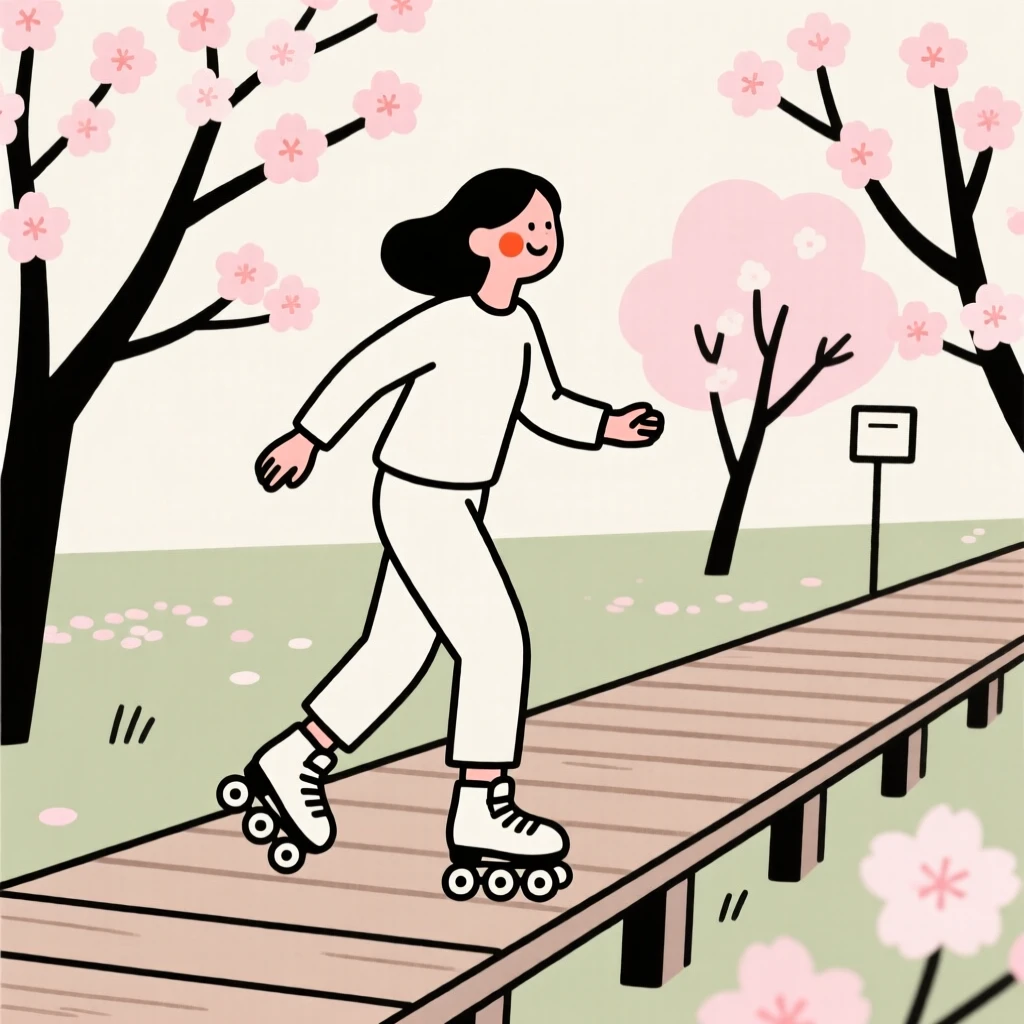 A mother roller skating along a boardwalk, in a blooming cherry blossom garden.