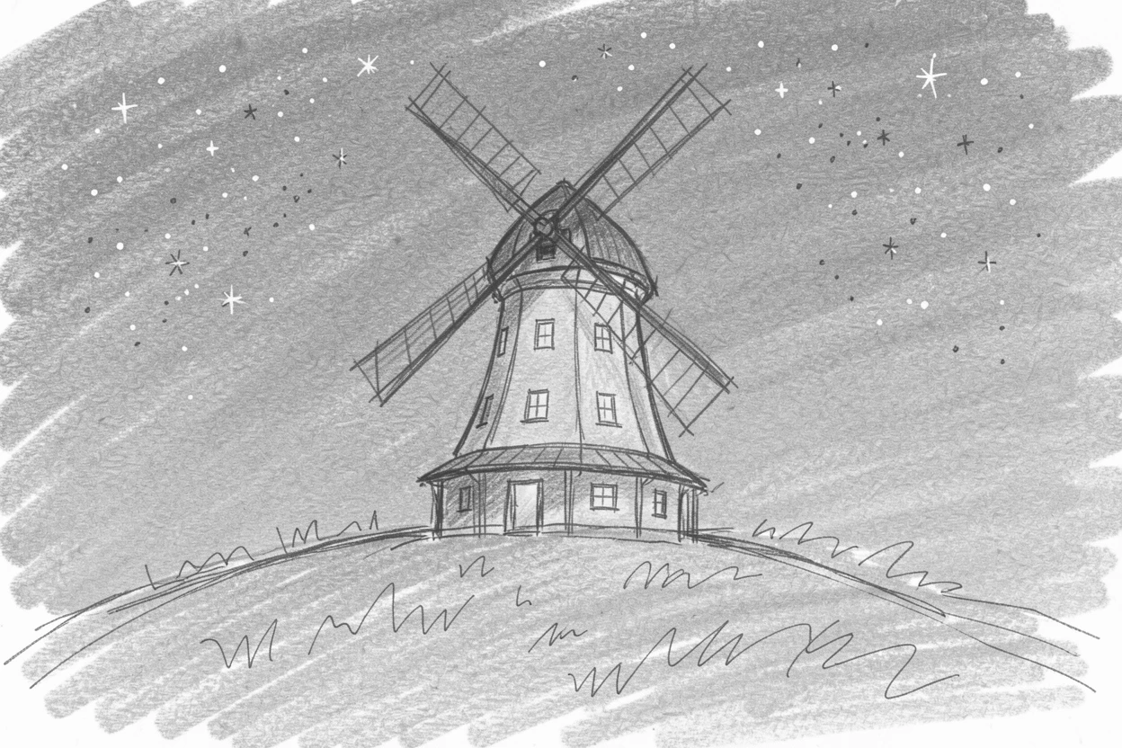 A stunning view of an old windmill on a green hill under a starlit sky, with warm light spilling from every window.