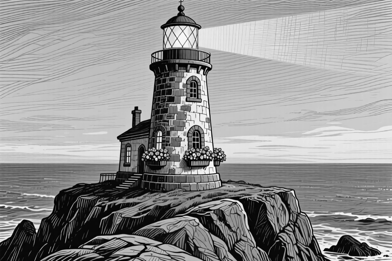 An old lighthouse on a rocky point with lanterns beginning to glow at dusk, featuring flower boxes lining every window, rendered in an awe-inspiring architectural composition.