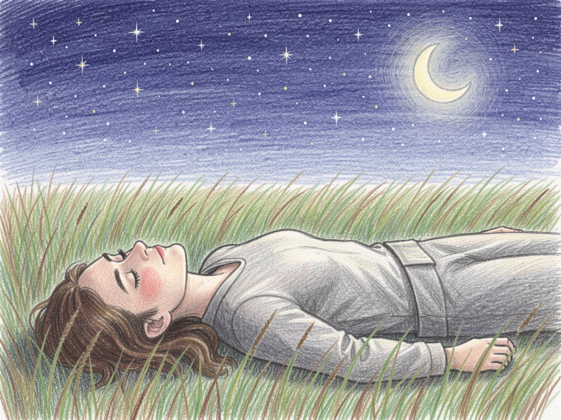A stargazer lying in an open field beneath a brilliant night sky, with a calm, focused atmosphere throughout, evoking mindfulness, patience, and simple contentment.