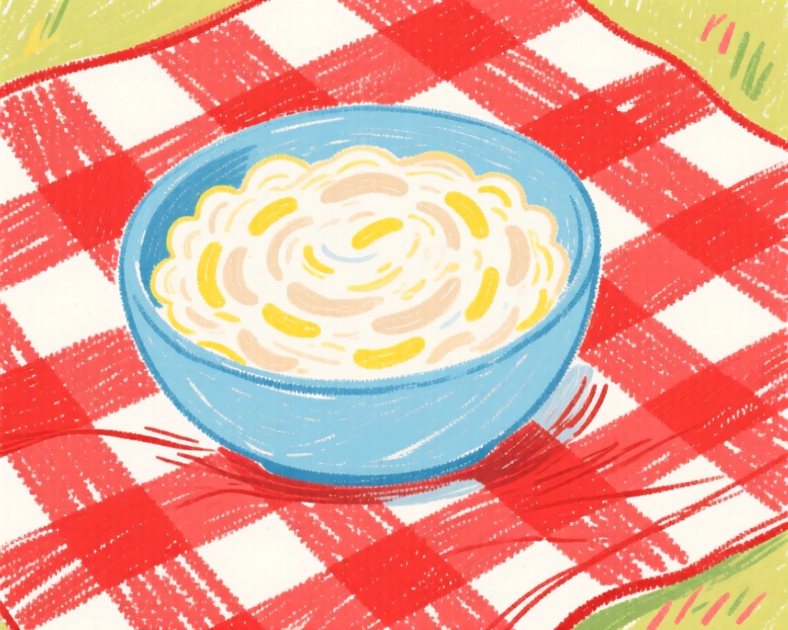 A bowl of creamy risotto resting on a checkered picnic blanket.