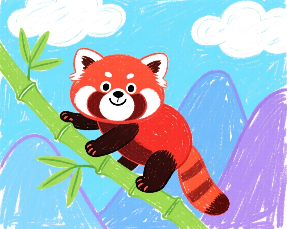 A red panda climbing a bamboo branch as clouds drift over distant mountains.
