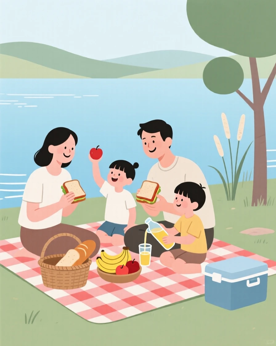 A family having a picnic together by the lake.