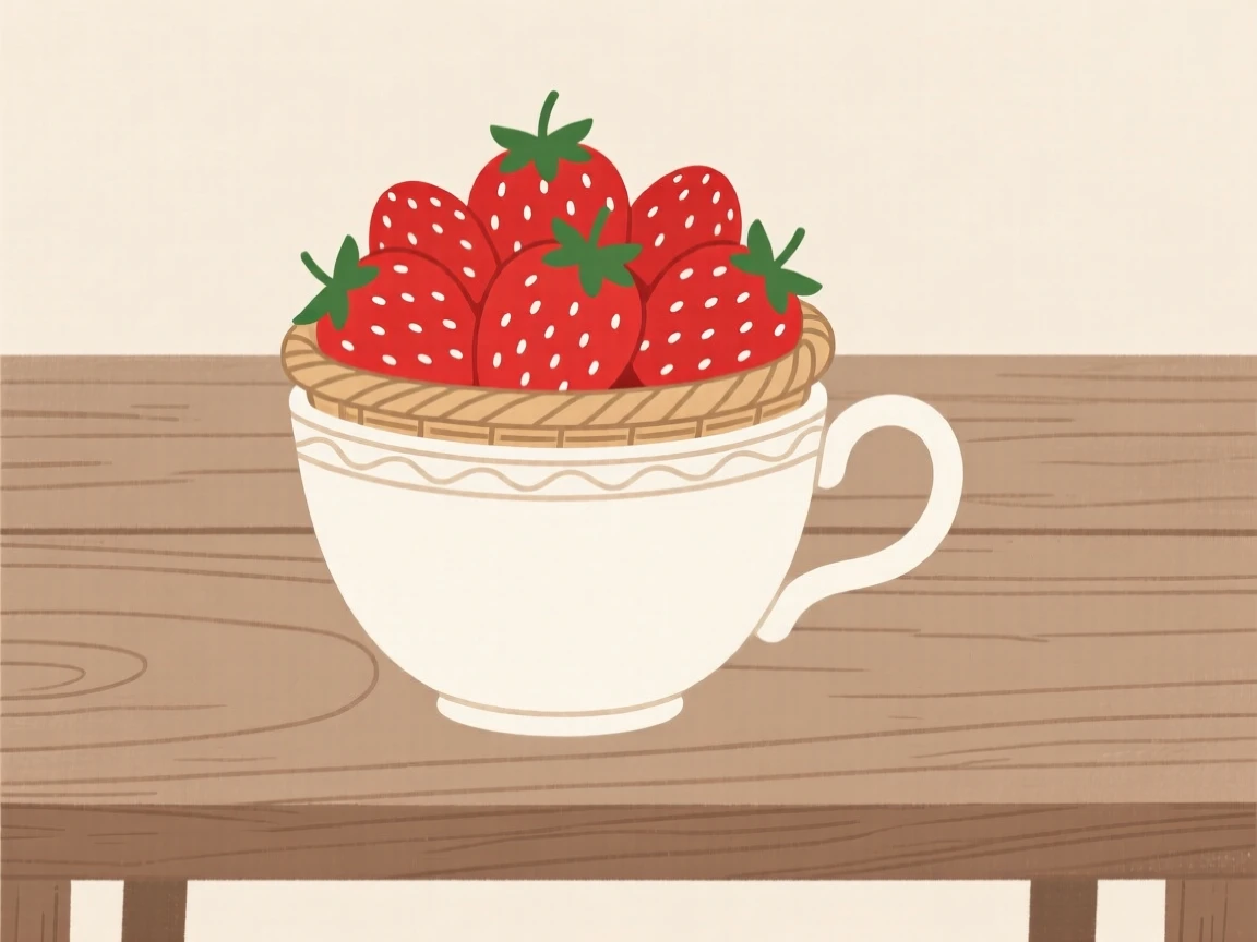 A freshly prepared basket of ripe strawberries served on a vintage teacup, set in a rustic wooden table, inviting warm comfort.