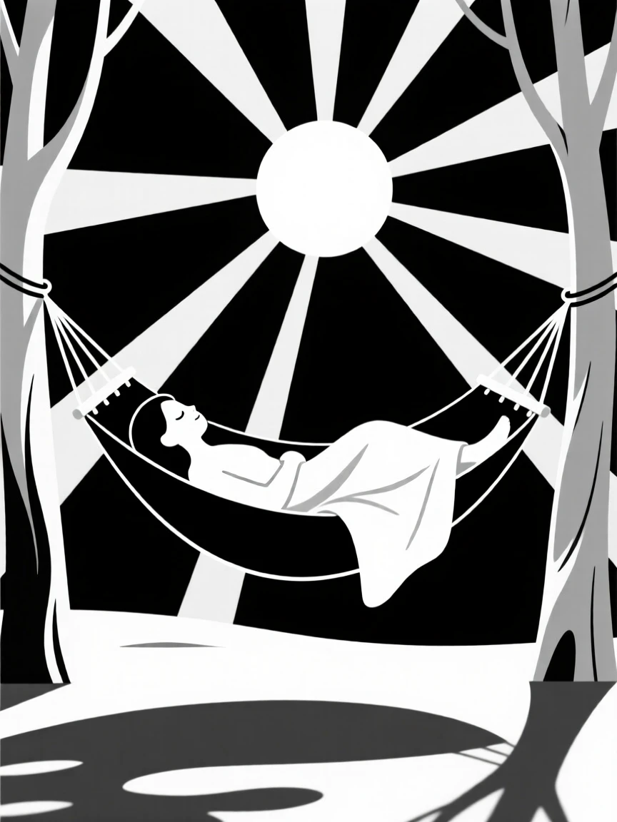 A slow afternoon nap in a sunlit hammock.