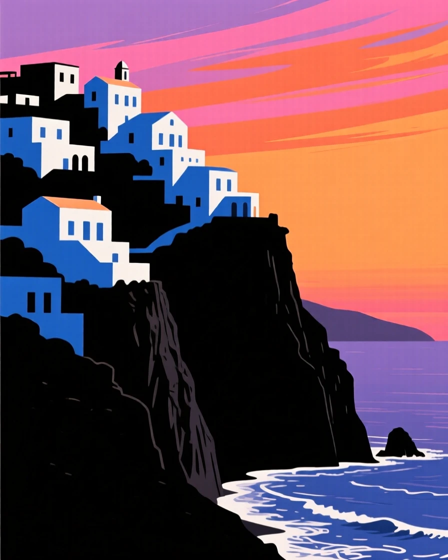 A cluster of white-and-blue buildings cascading down a cliffside above the sea.