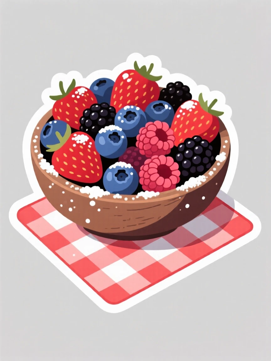 A delightfully sweet bowl of fresh mixed berries, topped with a dusting of powdered sugar, on a checkered picnic blanket.