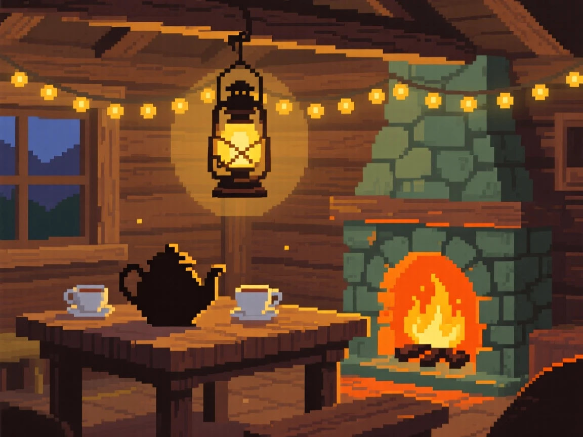 A tea room table lit by a crackling fire and hanging lanterns, within a cabin lit by string lights at dusk.