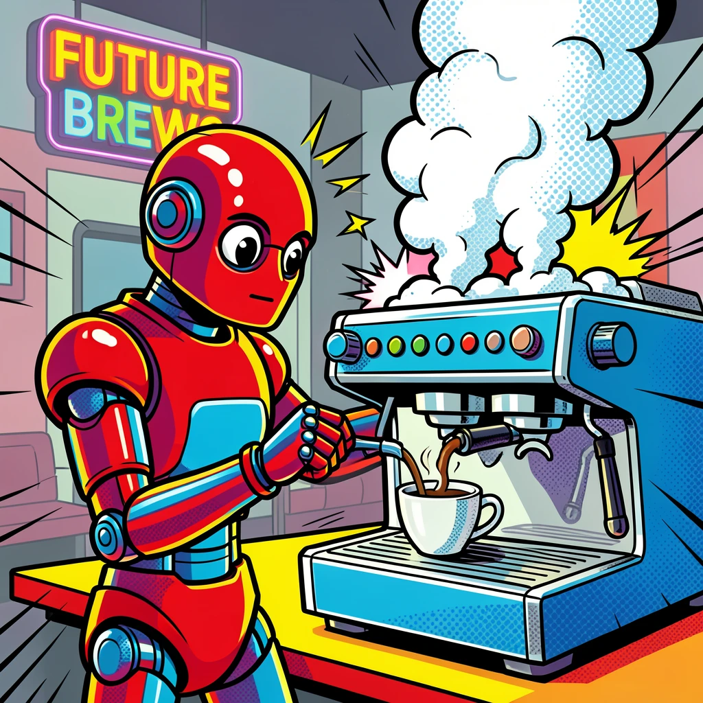 A robot barista brewing coffee in a futuristic cafe