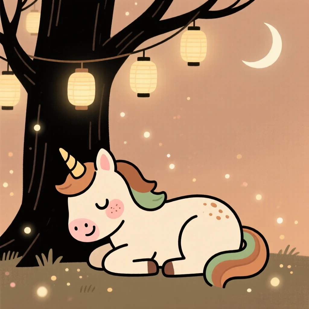 A unicorn foal rests beneath a tree hung with lanterns in an moonlit clearing, surrounded by drifting motes of light that drifts gently through the air.