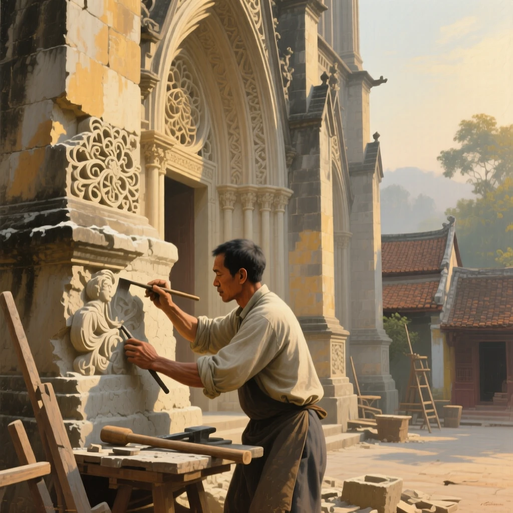 A centered composition of a stonemason carving intricate details into a cathedral façade, in old Hanoi, in late afternoon.
