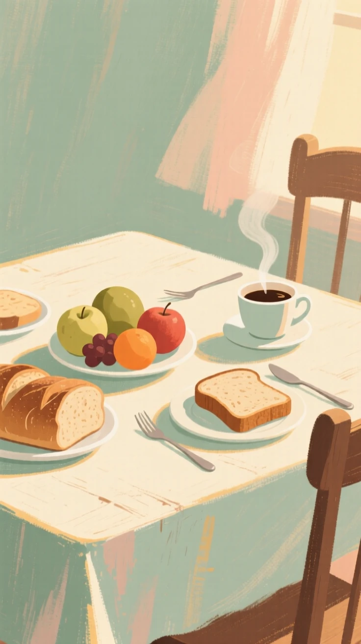 A rustic breakfast table with fresh fruit, bread, and coffee
