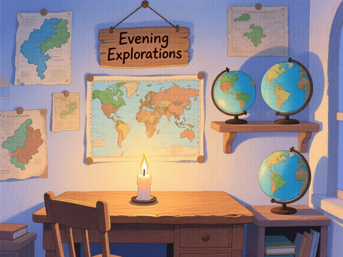 A candlelit study filled with old maps and globes, glowing softly as evening falls.
