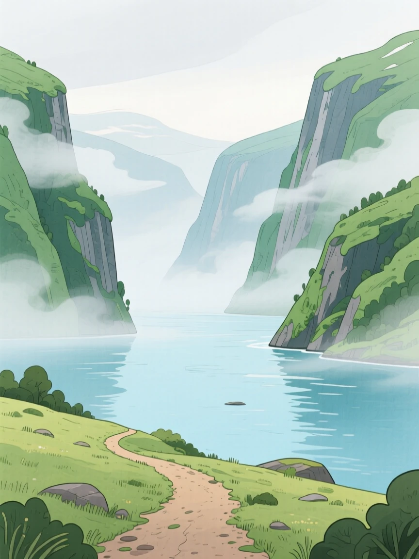 A misty fjord with steep green cliffs, with a winding dirt path disappearing into the distance, evoking peaceful serenity and awe.