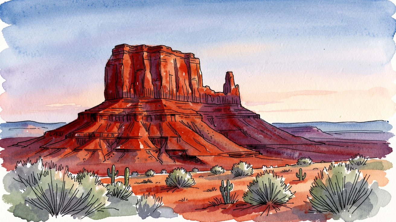 A high desert mesa glowing red in the last light of evening, the scene bathed in the soft blue light of early dawn.