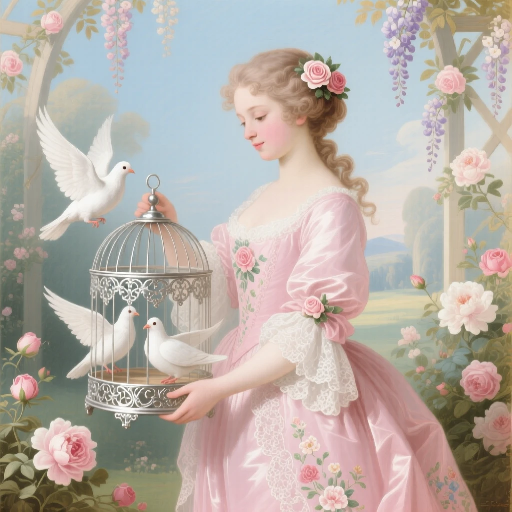 A girl carrying a silver birdcage filled with white doves  