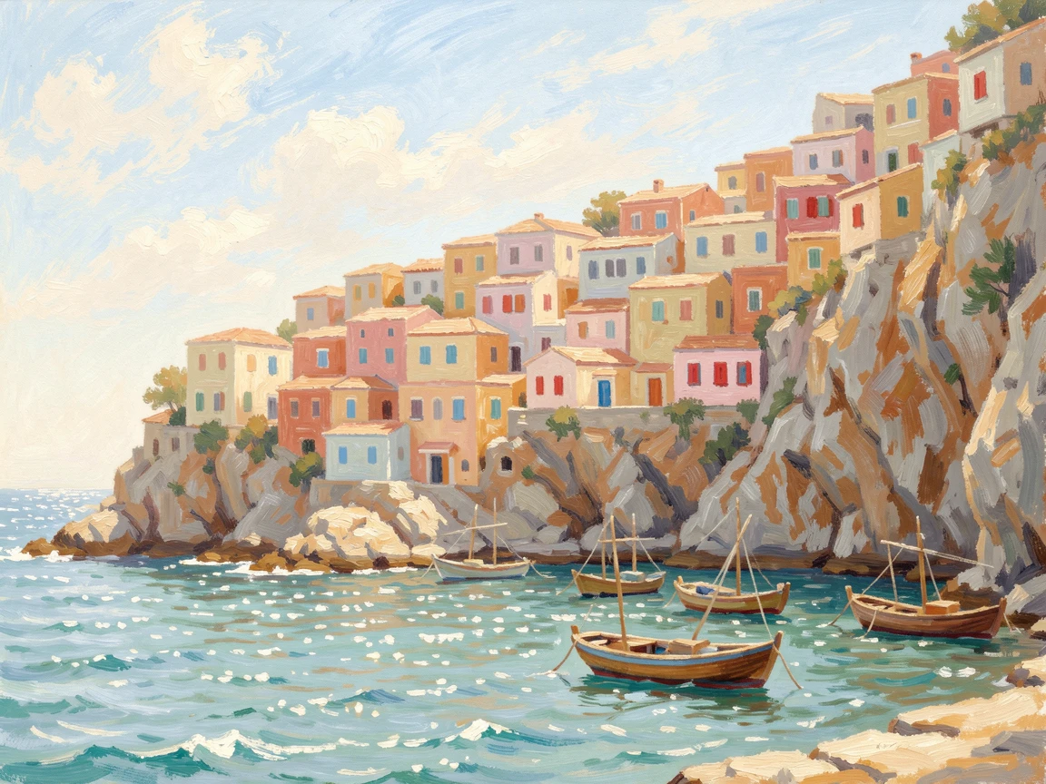 A quiet harbor town built into a cliffside, colorful houses stacked above turquoise water in the Mediterranean.