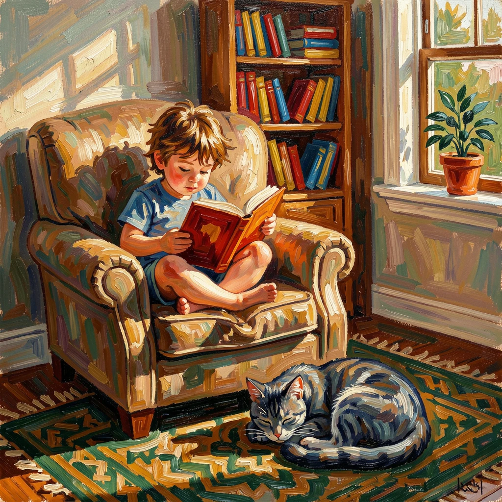 A quiet reading nook where a child is curled up with a book and a cat.
