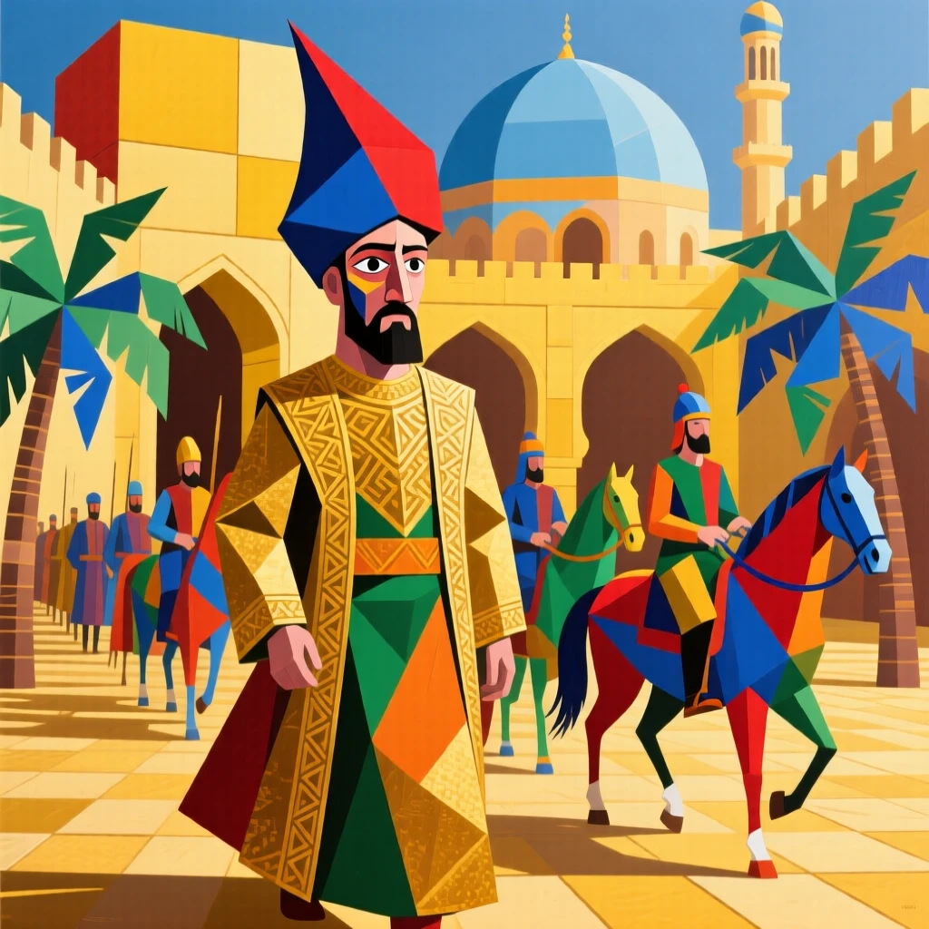 A vivid historical scene depicting an Ottoman sultan's procession moving through a golden palace courtyard.