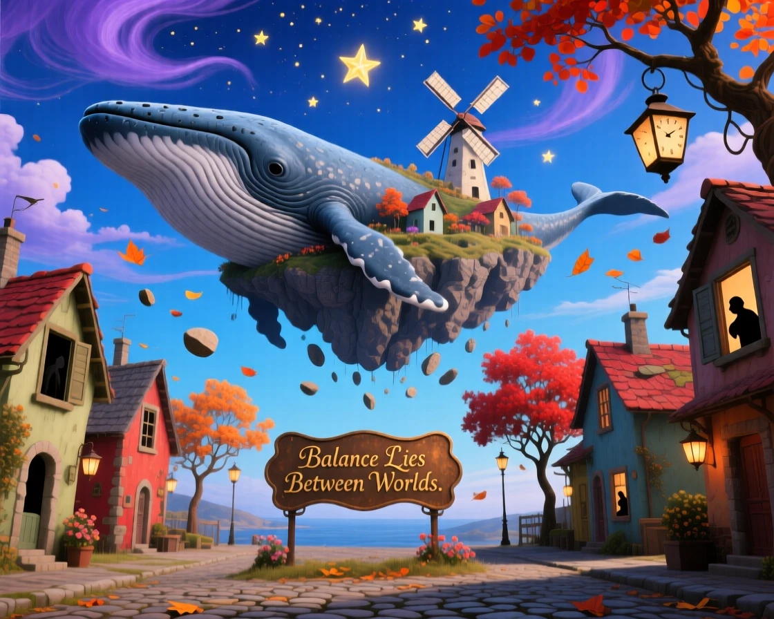 A village balanced on the back of a drifting whale-shaped island hangs suspended between two identical skies, as loose stones and leaves hover motionless around it.