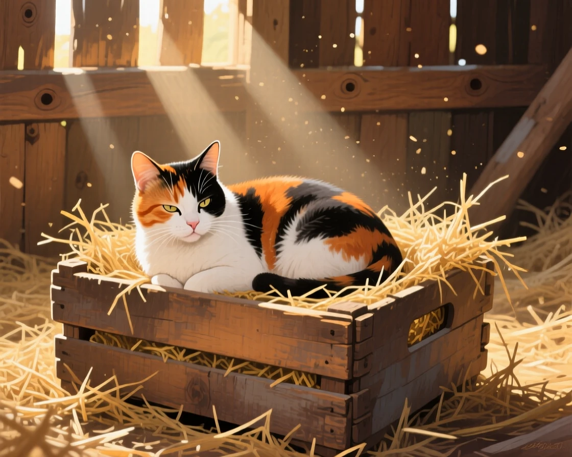 A calico cat naps curled inside an old wooden crate filled with soft straw, sunlight slanting through barn slats above, its expression conveying a quiet intelligence as it surveys the world around it.