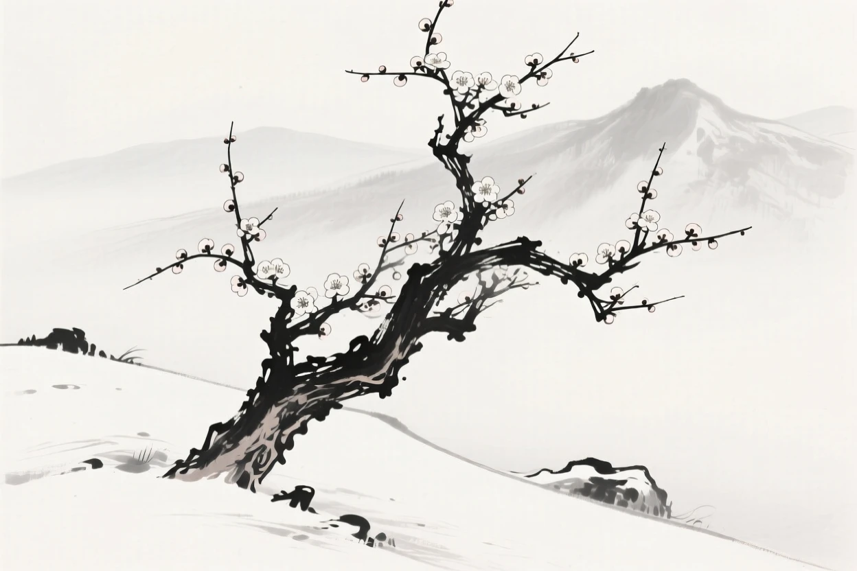 A gnarled plum tree in full bloom stands alone against a snowy hillside, with a distant mountain range fading into mist.