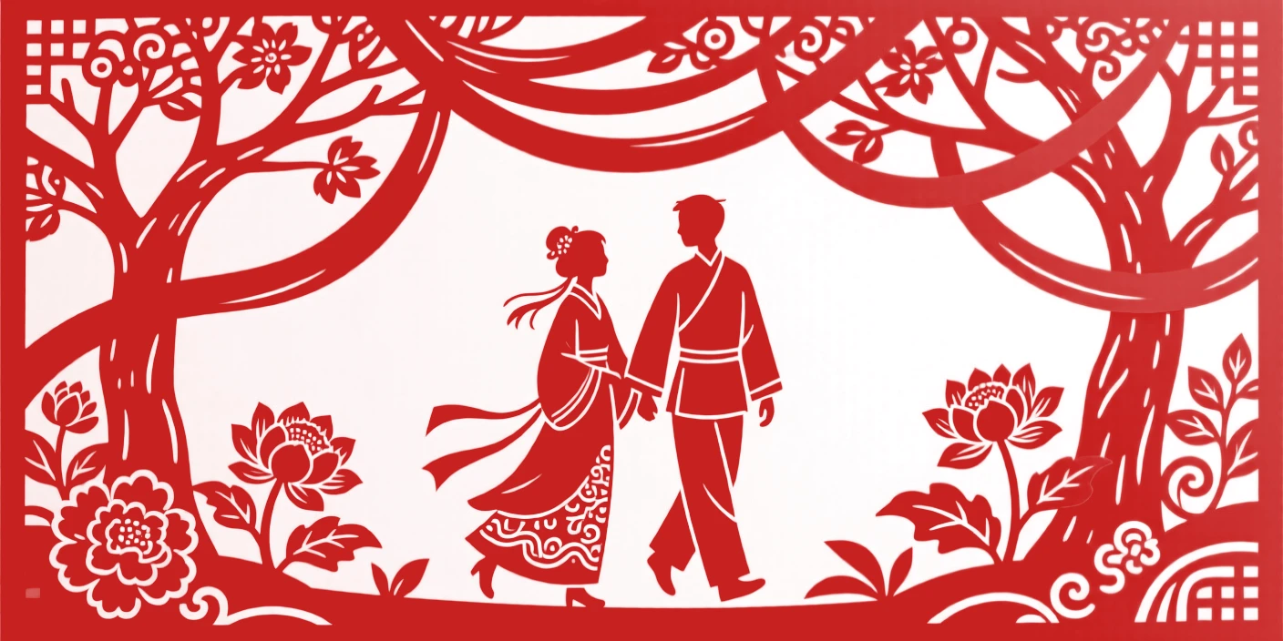 A couple walking together beneath a canopy of red silk ribbons strung between garden trees