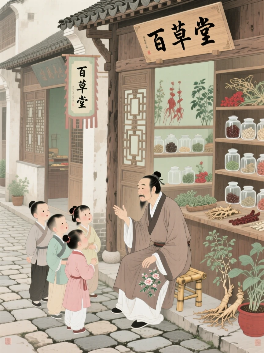 A young herbalist sharing a story with curious children along a cobblestone street lined with shops