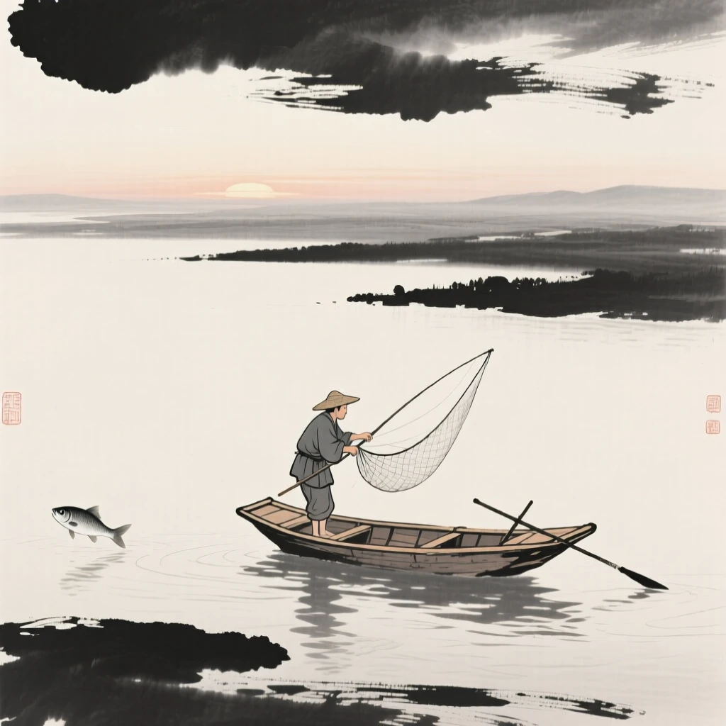 A fisherman casting his net from a small wooden boat at dawn, framed small within a vast, quiet landscape, capturing an everyday moment full of gentle humanity.