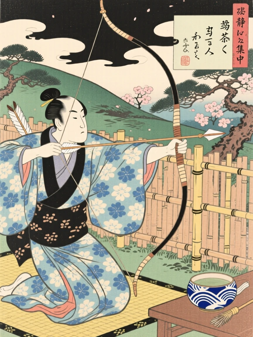 A tea ceremony host drawing a longbow with quiet focus.