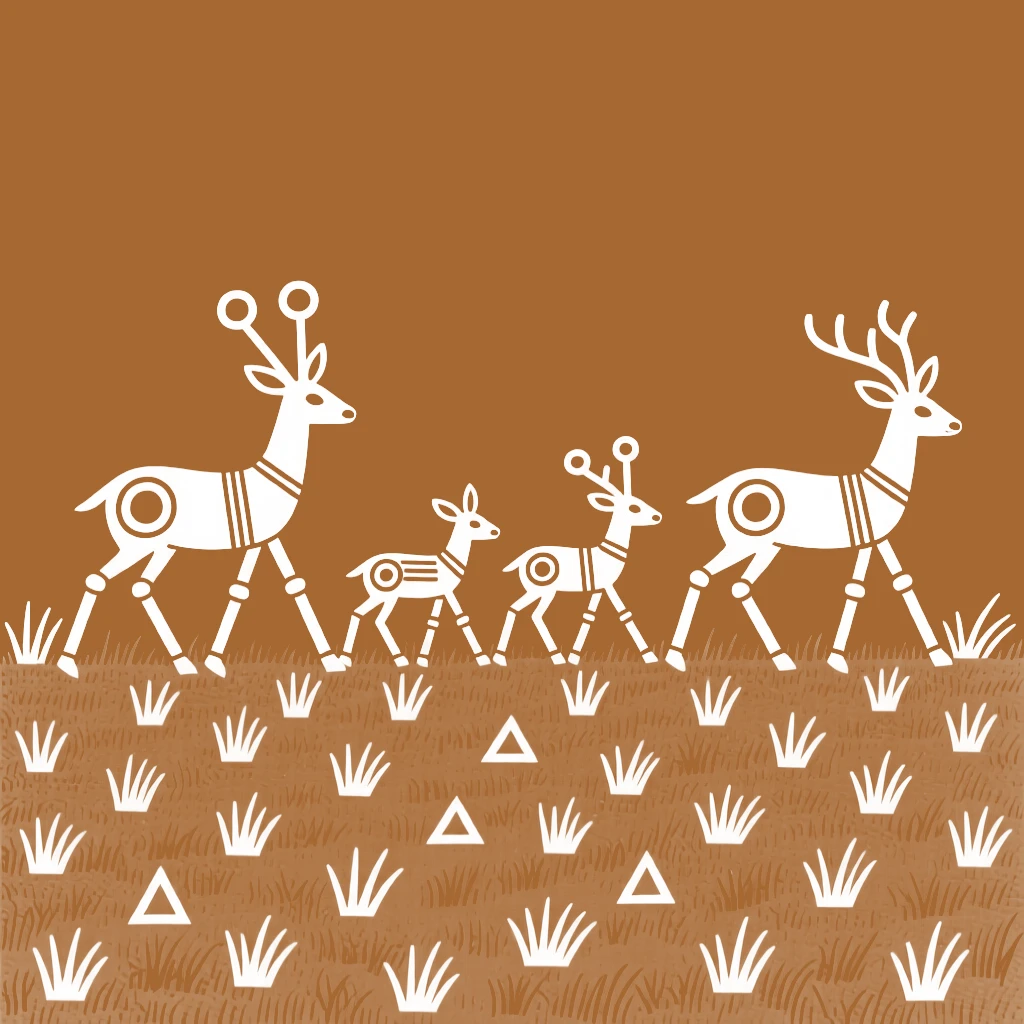 A family of deer wandering across an open grassland.