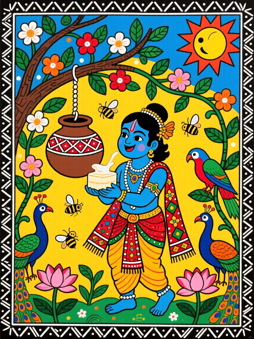 Young Krishna stealing butter from a hanging clay pot with a mischievous smile.