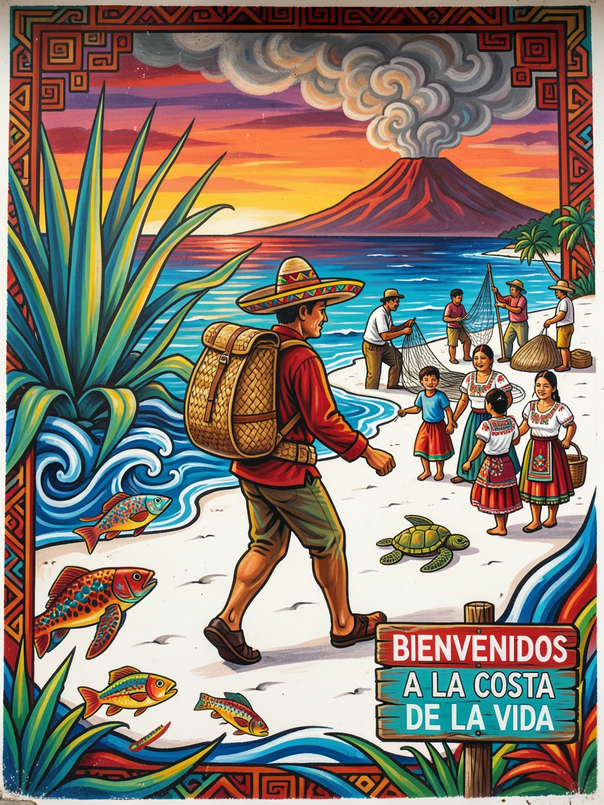 A traveler walking along a pristine white sand beach