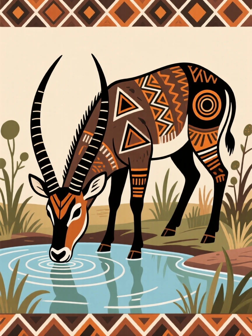 A waterbuck drinking at a watering hole.