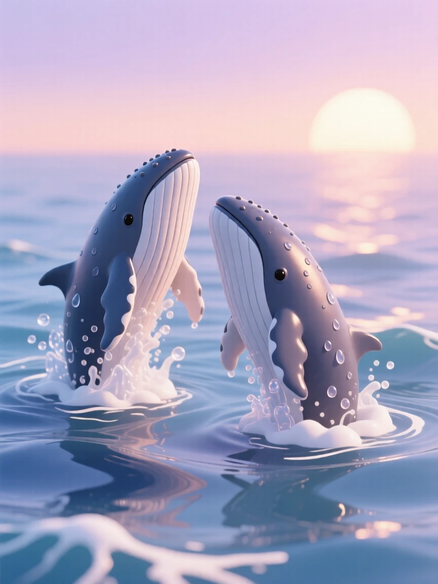 A pair of humpback whales breaching together in the open ocean, water cascading off their massive bodies against a sunset sky.