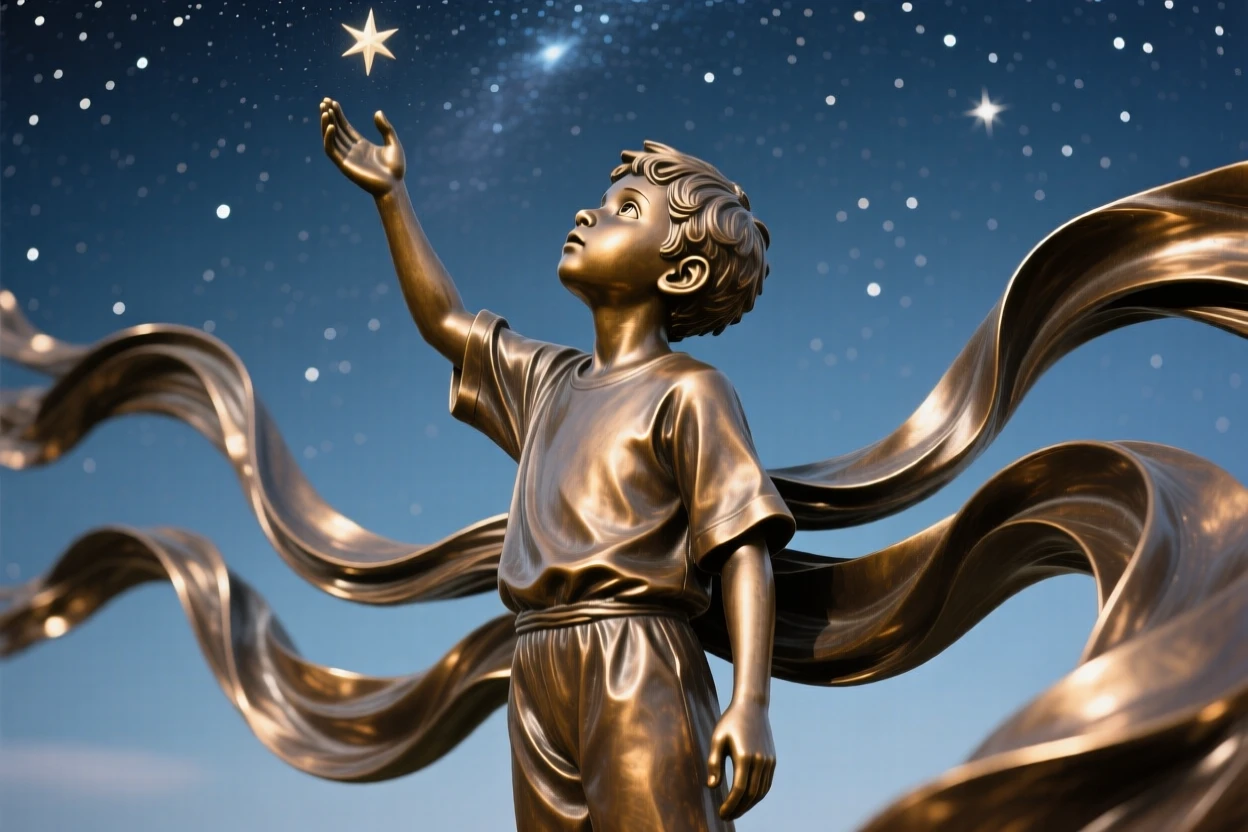 A young boy gazing up in wonder at a starry sky, surrounded by swirling fabric and motion, forming a strong central focal point