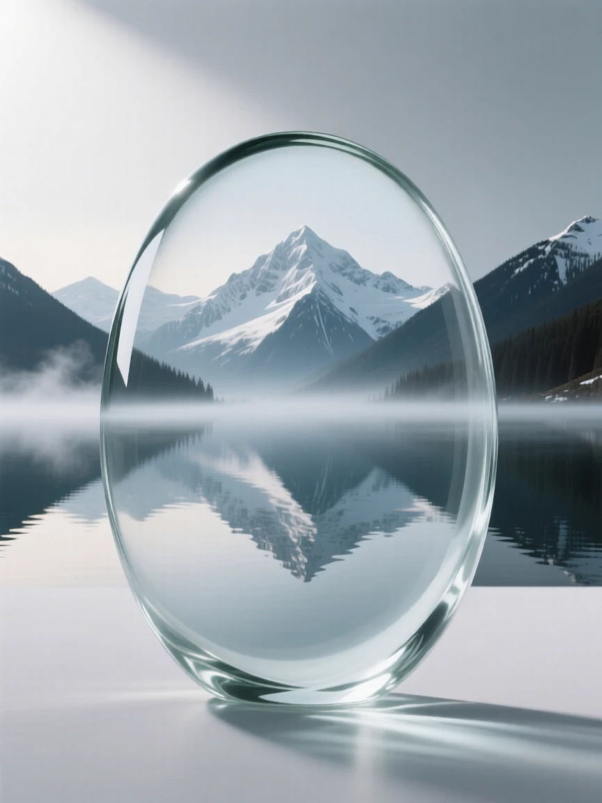 A quiet alpine lake reflecting snow-capped peaks at the quiet hush of early morning, gentle mist rising, composition inviting stillness and reflection.