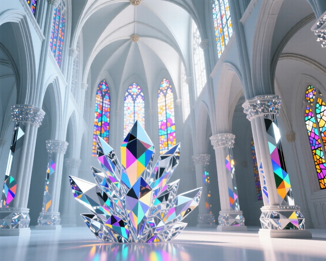 The interior of a grand cathedral with soaring vaulted ceilings and light streaming through stained glass windows.