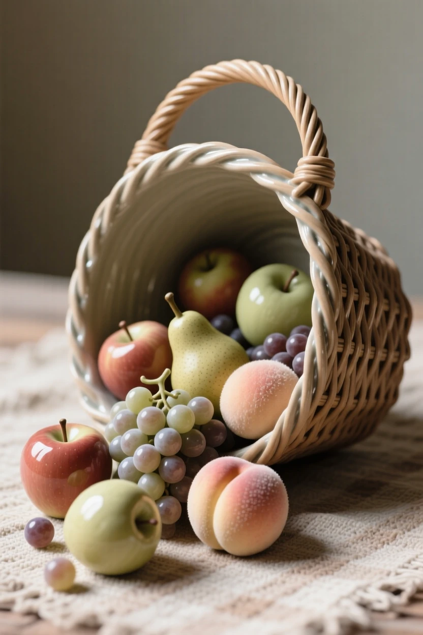 A picnic basket spilling over with fruit caught in a moment of quiet everyday magic, its surface polished to a gentle sheen, stirring fond memories of simpler times.