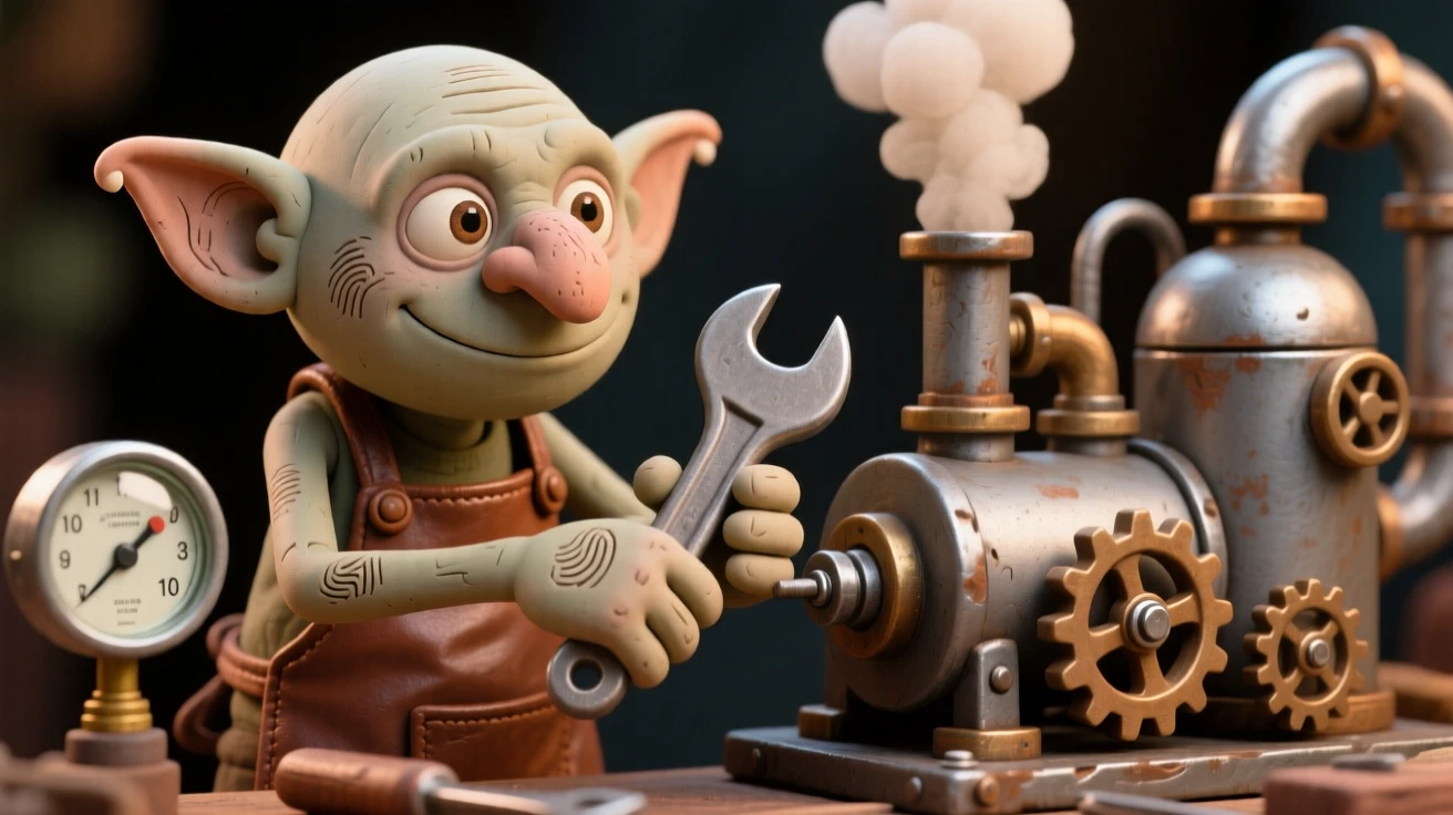 A goblin inventor tinkering with a steam-powered contraption