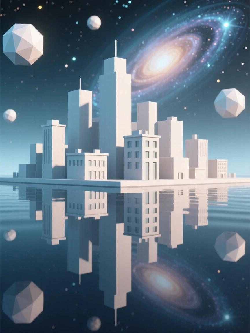 A city skyline reflected upside down in still water, beneath the soft glow of distant galaxies. soft glowing light sources create a sense of depth and scale. The atmosphere feels serene yet infinite.