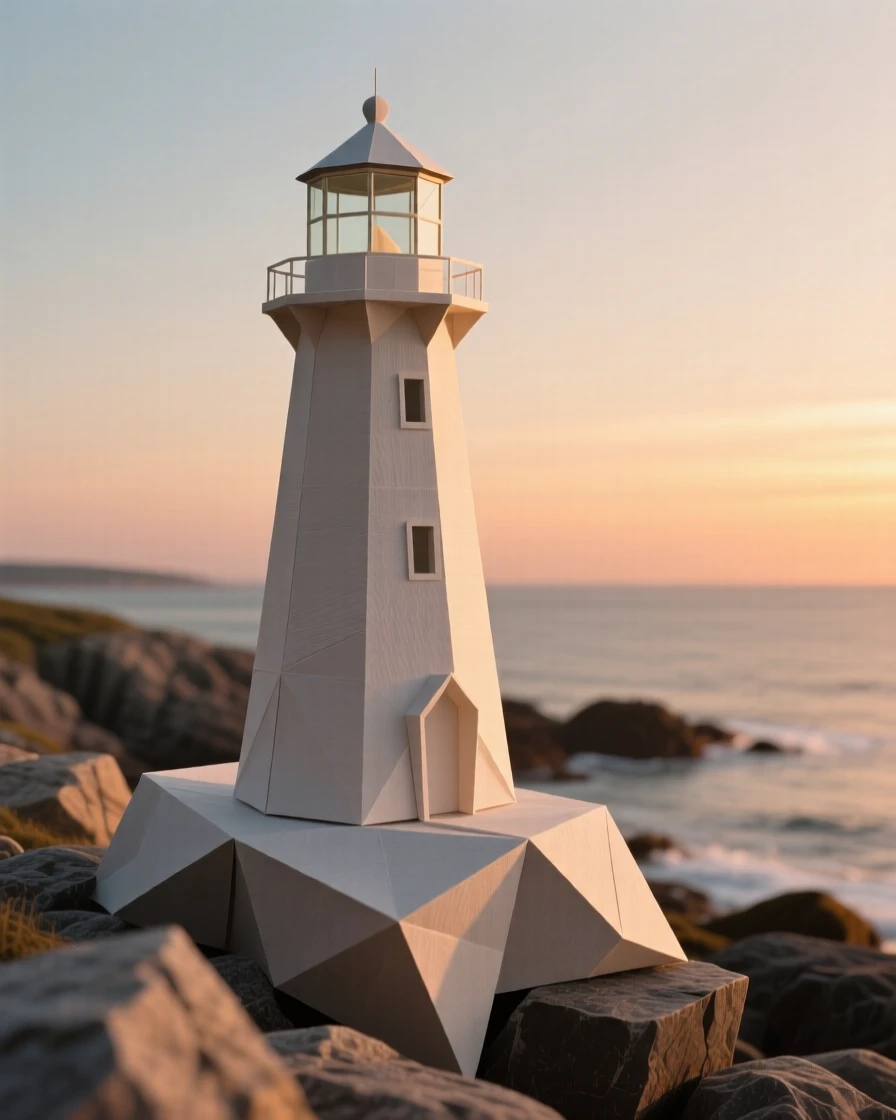 A quiet lighthouse standing at the edge of a rocky New England coastline at sunset.