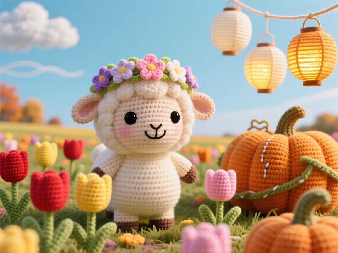 A festive scene of a cheerful spring lamb with a flower crown, hopping through a field of blooming tulips within a golden pumpkin patch under a crisp autumn sky; a cluster of paper lanterns swaying gently nearby, radiating cozy holiday warmth and togetherness.