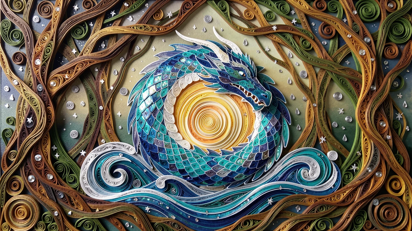 A magical fantasy scene of a sea dragon coiling gracefully through ocean waves within a cathedral of ancient twisted roots, with shimmering starlight reflected on every surface, centered with radiant light emanating outward.