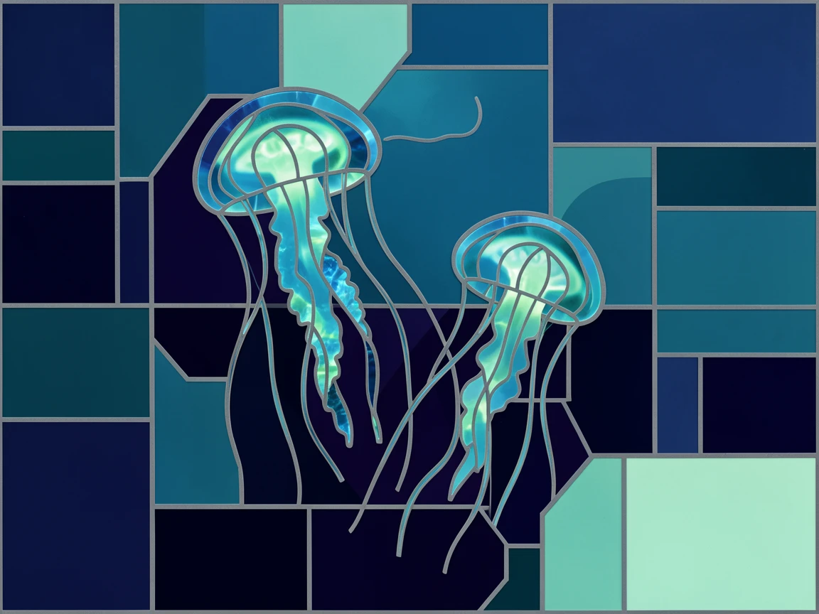 A dreamlike underwater view of a jellyfish bloom drifting gracefully through deep ocean water, glowing with soft blue-green light.