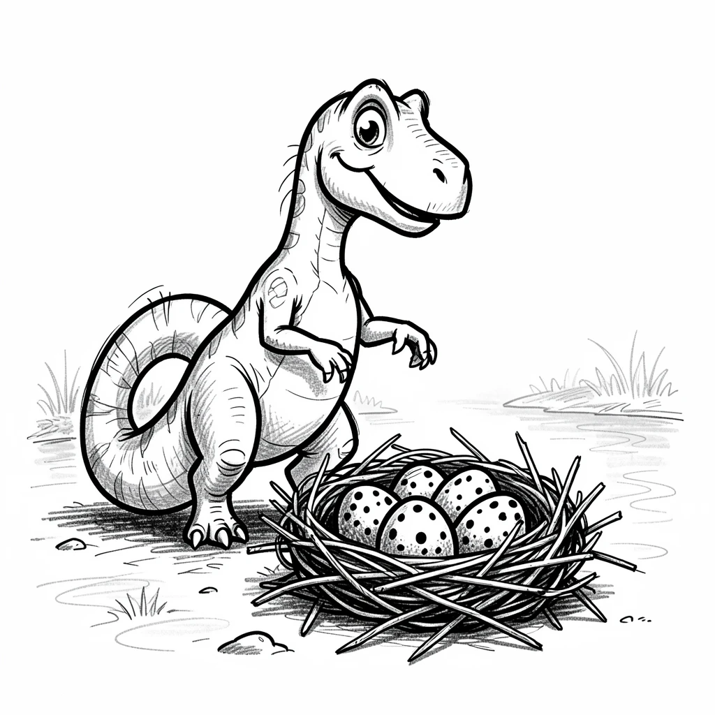 A dinosaur with a nest full of speckled eggs along a misty riverbank.