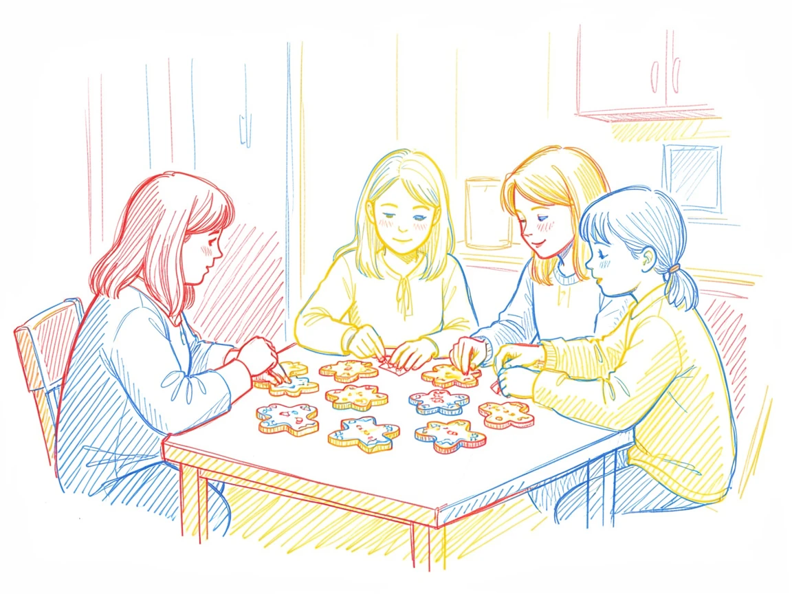 A family gathered around a table decorating gingerbread cookies