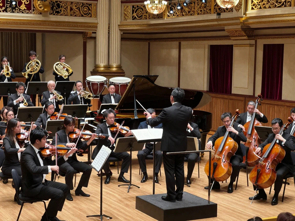 A symphony orchestra mid-performance in a grand concert hall