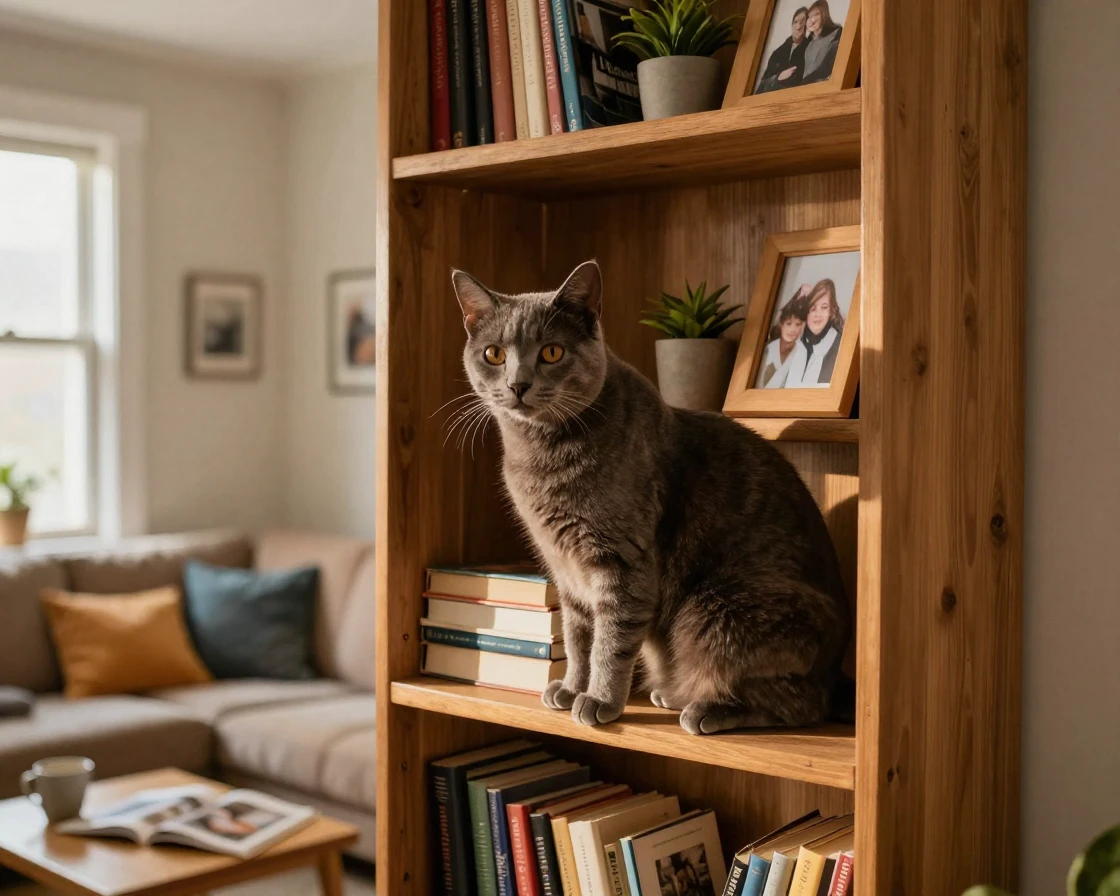 A cat perches on top of a bookshelf, surveying the entire room below.