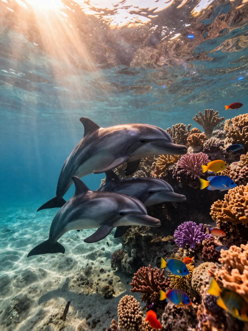 A family of dolphins basking lazily in warm sunlight within a coral reef teeming with life as the day slowly fades